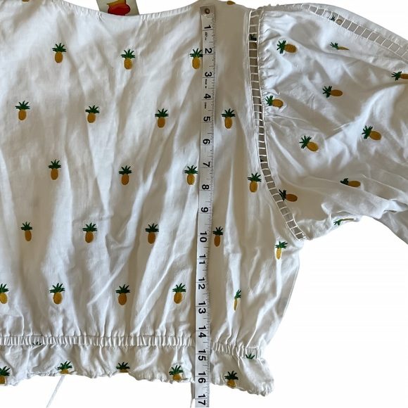 Farm Rio Crop Top Pineapple Embroidered Blouse – Beaded Linen Blend – Size Small - Picture 12 of 13